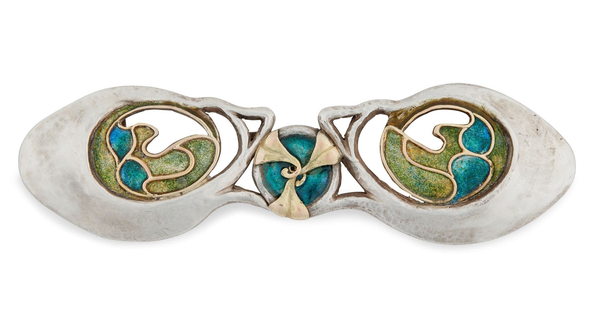 LIBERTY & CO., LONDON RARE ARTS & CRAFTS SILVER & ENAMEL BELT BUCKLE, BIRMINGHAM 1899 Sold for £750